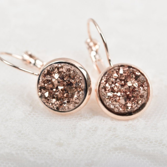 Rose Gold Druzy Earrings, Copper Sparkle Druzy Earrings, Rose Gold Earrings, Bridal Druzy, Bridesmaid Earrings, Faux Druzy Earrings, jlr0048