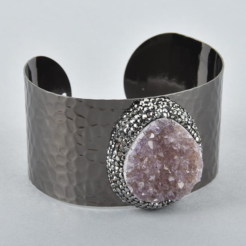 Amethyst Druzy Geode Gemstone Cuff Bracelet, 1.5" wide, Gunmetal Black JLR0199