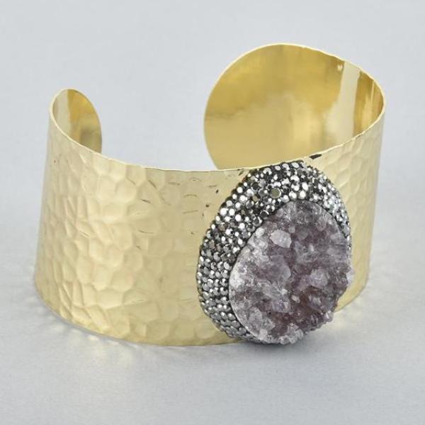 Amethyst Druzy Geode Gemstone Cuff Bracelet, 1.5" wide, Gold Brass JLR0200