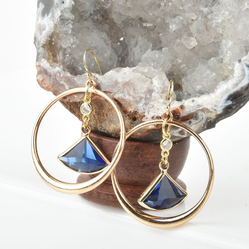 Gold Dangle Earrings Gold Filled Hoop Earrings Blue Crystal Fan Drop Earrings JLR0201