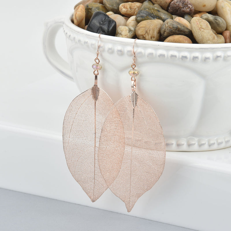 Rose Gold Leaf Earrings Rose Gold Filled Real Leaf Earrings Drop Earrings JLR0204
