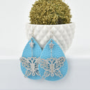 Blue Butterfly Teardrop Earrings Vegan Faux Leather Crystal JLR0214