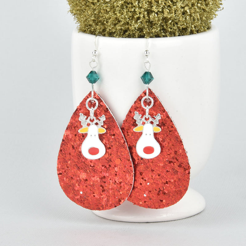 Christmas Reindeer Teardrop Earrings Vegan Glitter Faux Leather Crystal jlr0226