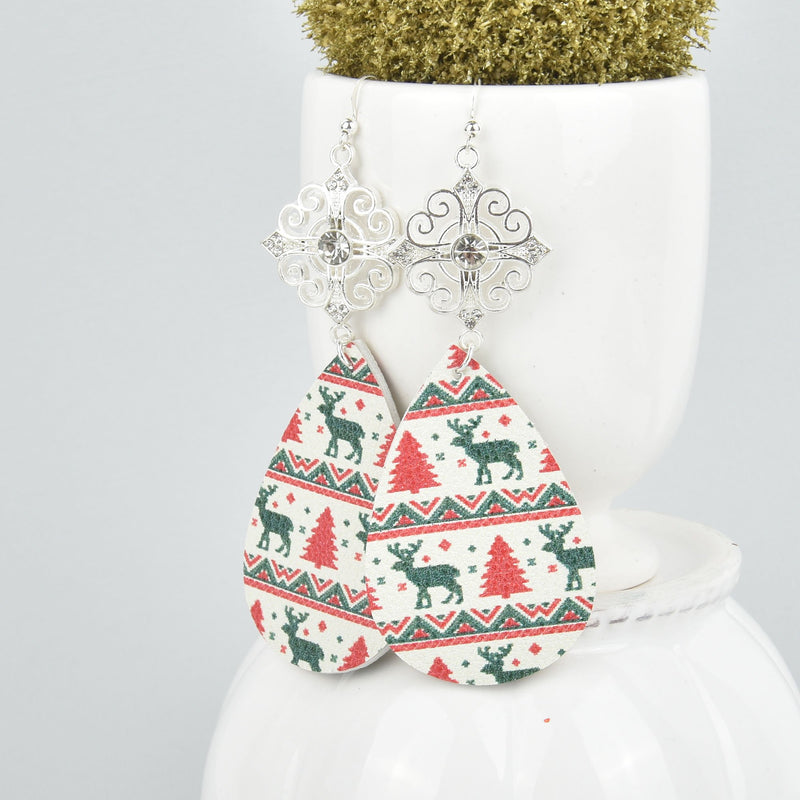 Christmas Teardrop Earrings Vegan Glitter Faux Leather Crystal jlr0227