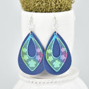 Blue Filigree Teardrop Earrings Vegan Faux Leather Crystal JLR0228