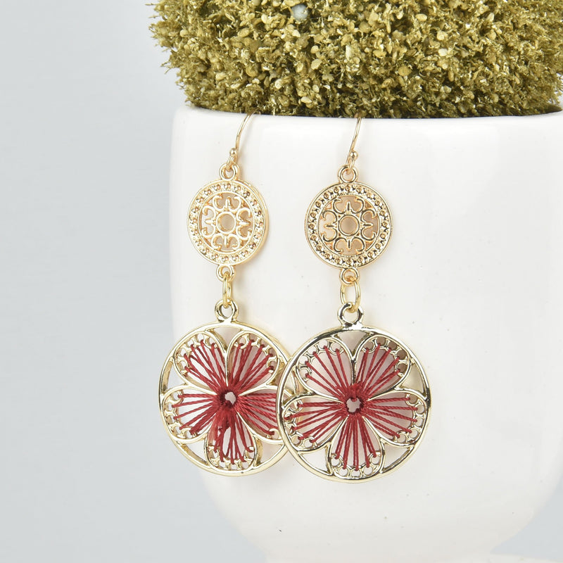 Red Flower Filigree Earrings Gold Filled Drop Earrings String Art JLR0231