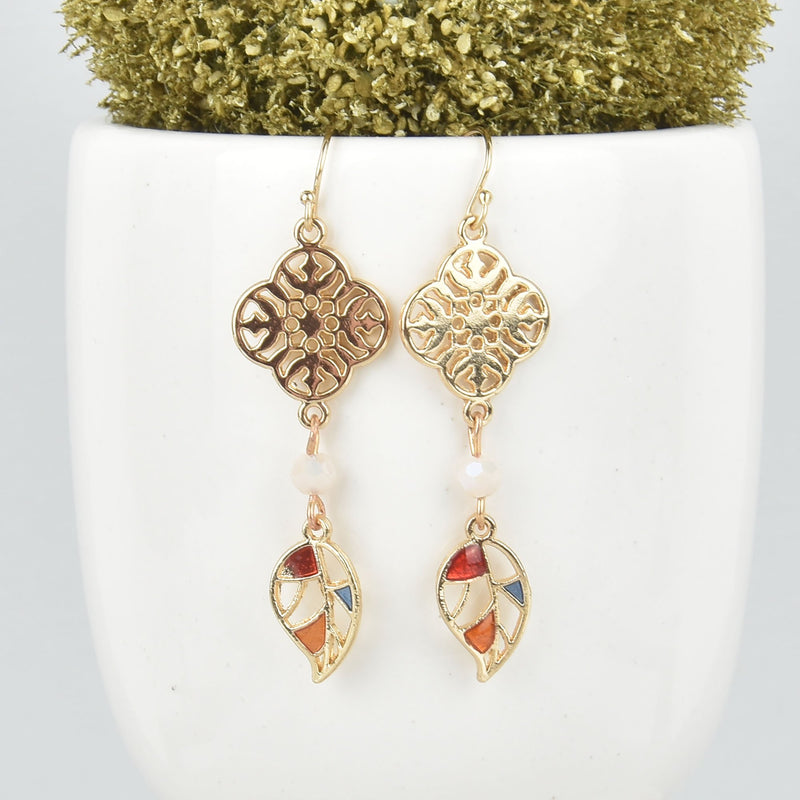 Stained Glass Leaf Earrings Gold Filled Drop Earrings Filigree JLR0232
