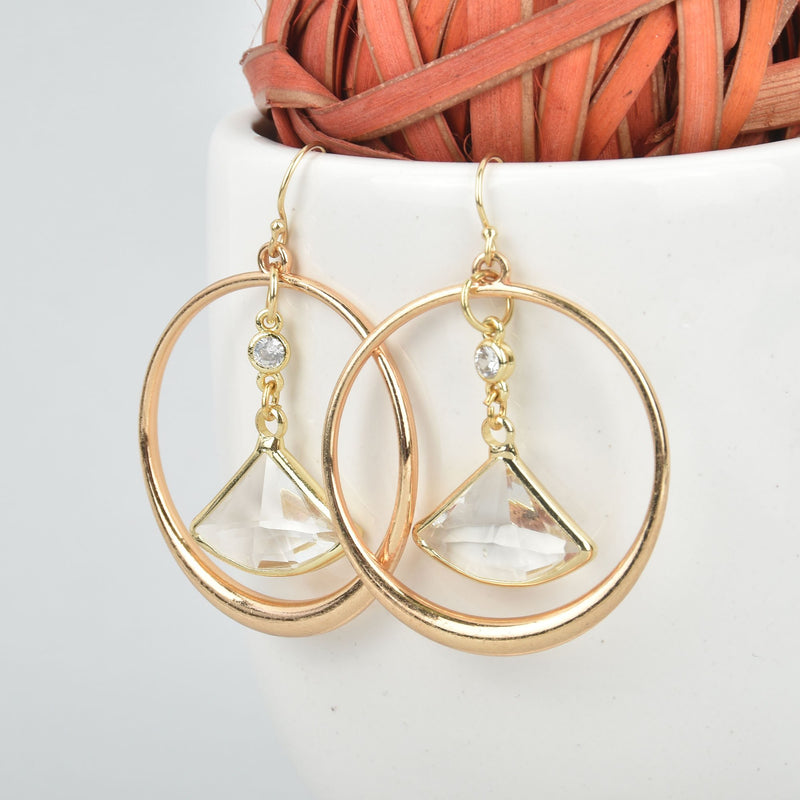 Gold Dangle Earrings Gold Filled Hoop Earrings Clear Crystal Fan Drop Earrings JLR0233