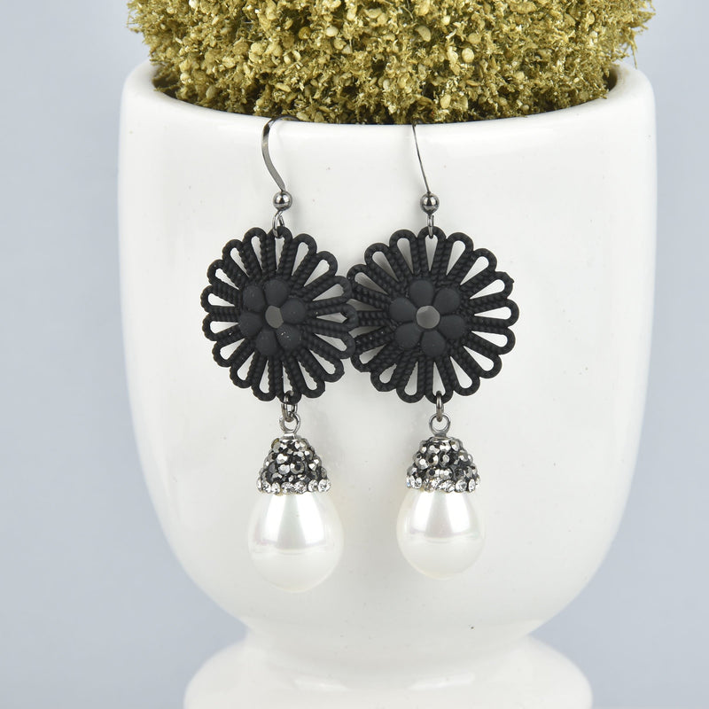 Black and White Pearl Dangle Earrings Oxidized .925 Sterling Silver Earrings JLR0237