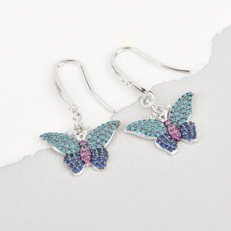 Silver Butterfly Earrings, CZ Crystal Earwires Blue and Purple Micro Pave Charms jlr0250