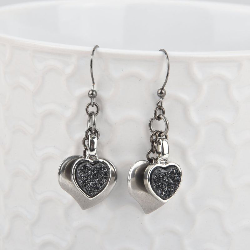 Black Heart Druzy Quartz Earrings, Gunmetal Oxidized Sterling Silver, jlr0252