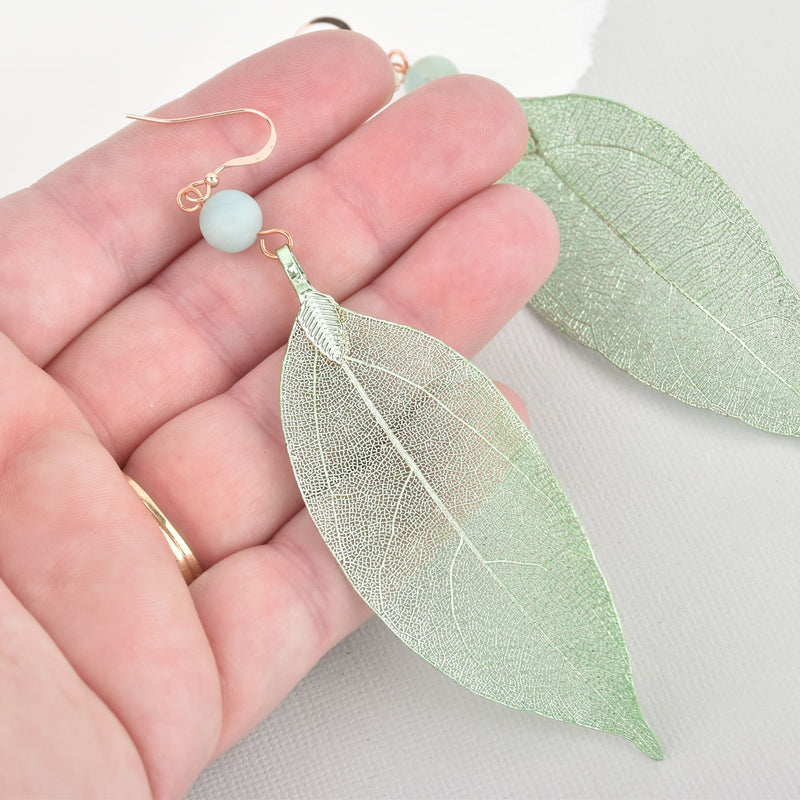 Sage Green Leaf Earrings Amazonite and Rose Gold Filled Earwires, Real Leaf Earrings Drop Earrings jlr0254