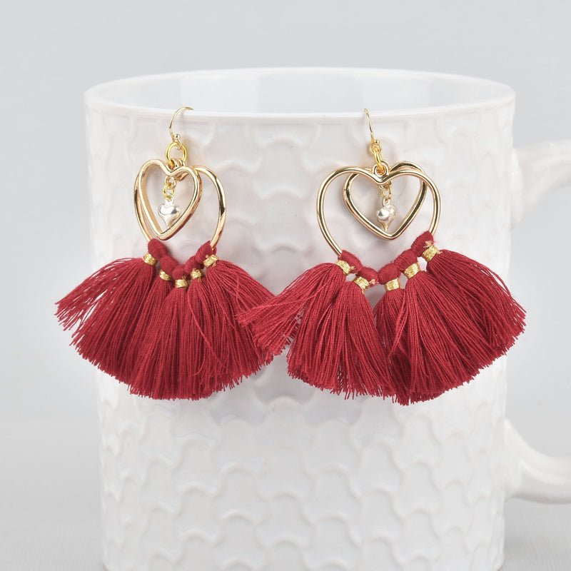 Gold Filled Heart Tassel Earrings, Red Dangle Nesting Heart Tassels jlr0255
