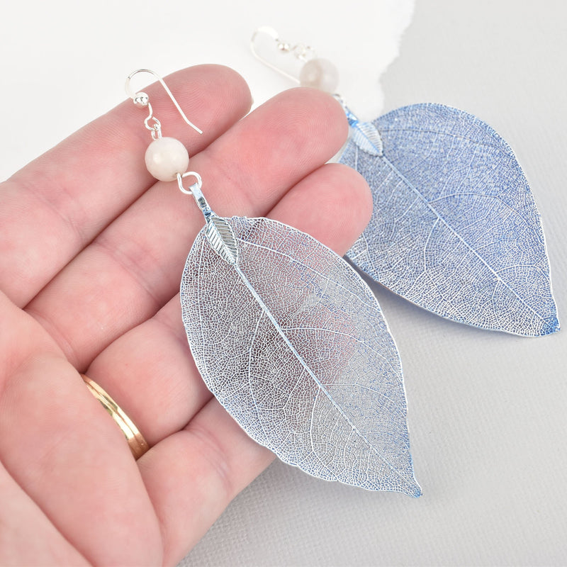 Light Blue Leaf Earrings Sterling Silver Earwires, White Lace Agate Gemstone, Real Leaf Earrings jlr0256