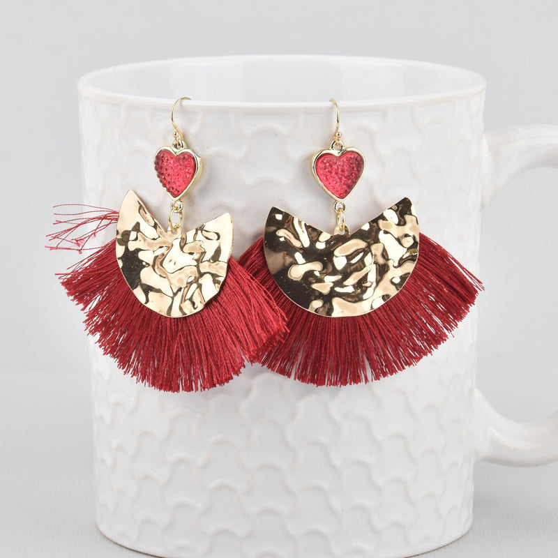 Red Fan Tassel Earrings, Gold Filled Earwires, Hearts Earrings jlr0257