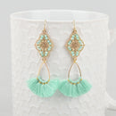 Mint Green Gold Fan Tassel Earrings, Beaded Dangle Shoulder Duster 14kt Gold Filled Earrings jlr0258