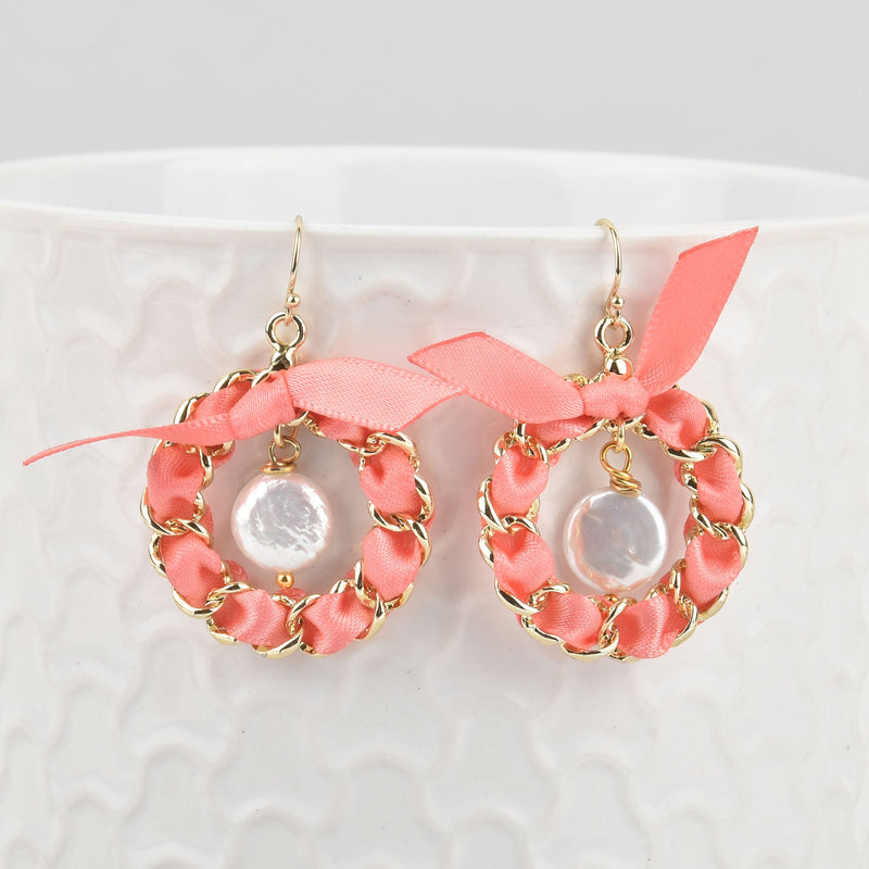 Coral Pink Wreath Hoop Earrings, Freshwater Pearl Dangle with Bow, 14kt Gold Filled Earwires jlr0259