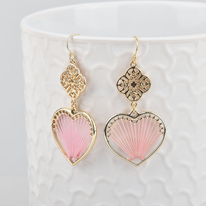 Pink Woven Heart Gold Filled Earrings, Filigree Design Romantic Gift jlr0260