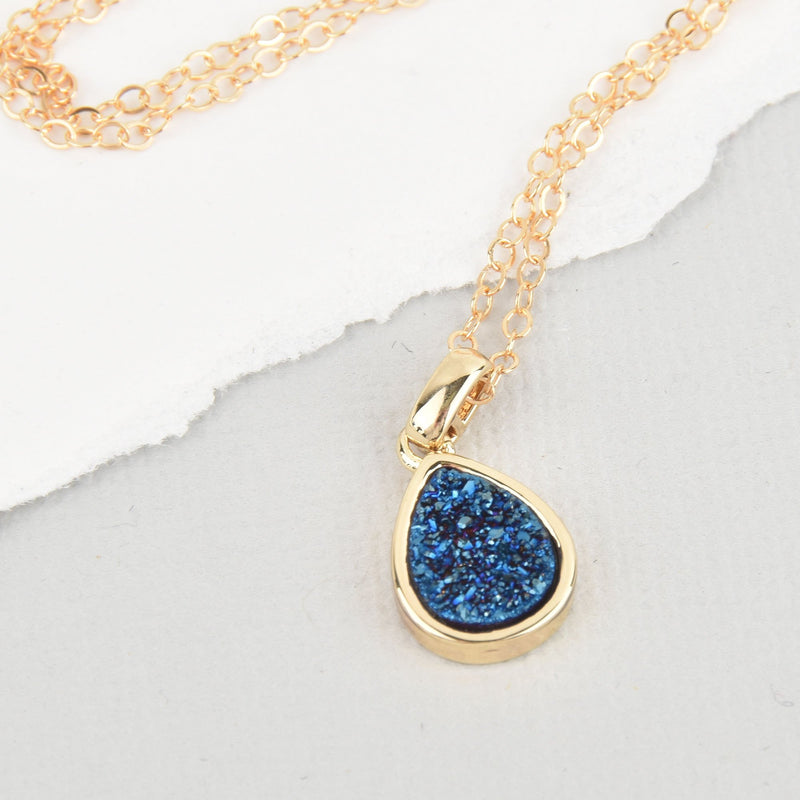 Gold Filled Blue Druzy Teardrop Necklace, jlr0261