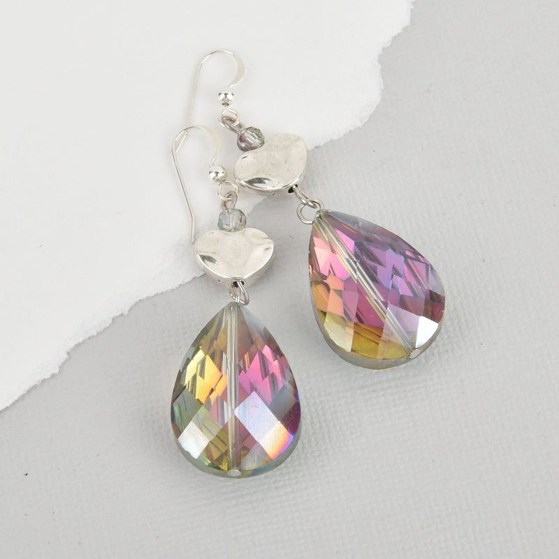 Northern Lights Crystal Teardrop Heart Earrings, Sterling Silver Ear Wires, jlr0264