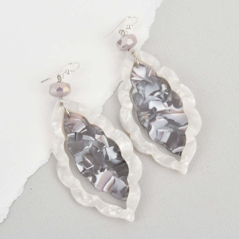 Grey White Terrazzo Acrylic Leaf Earrings, Blush Accents, Sterling Silver Ear Wires jlr0267
