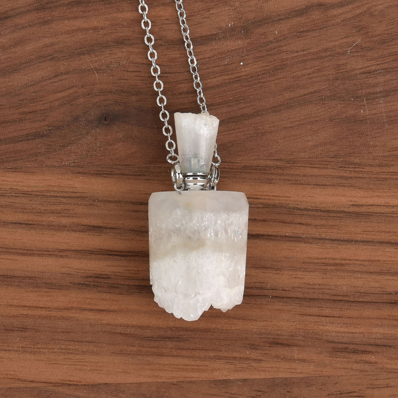 Gemstone Necklace Perfume Bottle, White Druzy Quartz, jlr0275