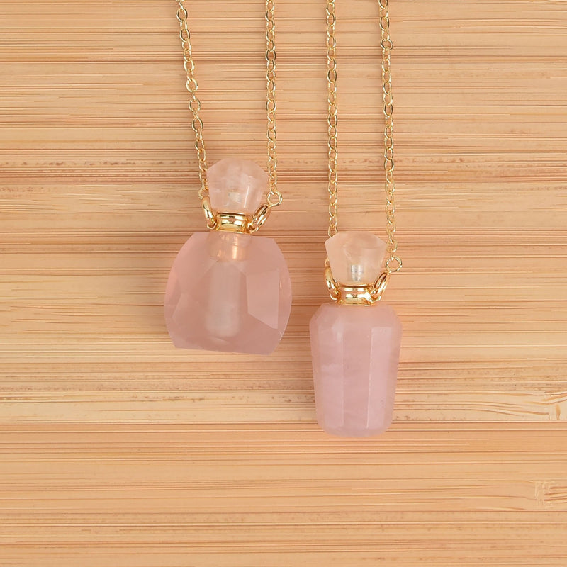 Gemstone Necklace Perfume Bottle, Rose Quartz, jlr0281