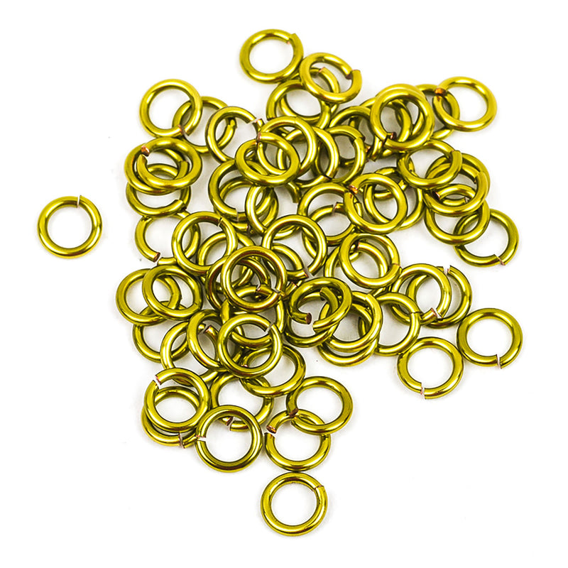 50 Chain Maille Jump Rings, peridot green plated over copper base, open jump rings, 7.5mm OD, 5.5mm ID, 18 gauge, jum0133