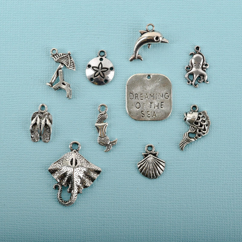 Beach Theme Charm Collection, Silver Tone Metal, 10 charms, chs3372