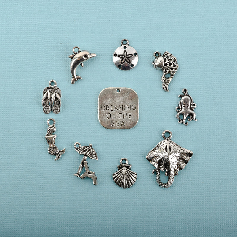 Beach Theme Charm Collection, Silver Tone Metal, 10 charms, chs3372