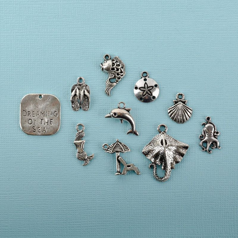 Beach Theme Charm Collection, Silver Tone Metal, 10 charms, chs3372