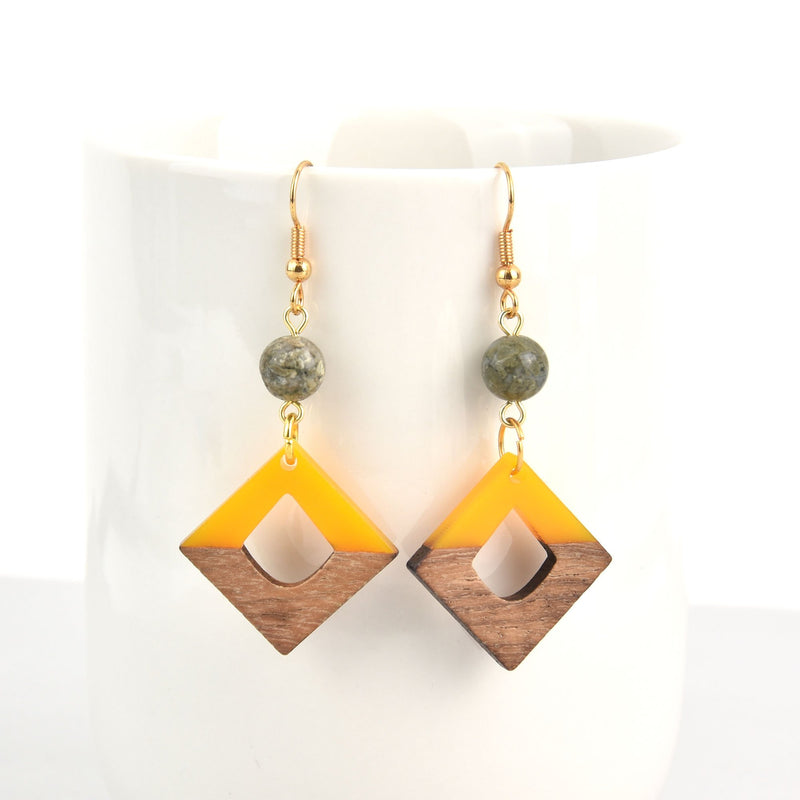 Earring Kit, yellow wood resin diamond with rhyolite kit0508