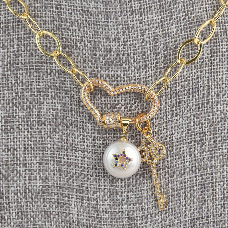 Necklace Kit, Micro Pave Heart Lock Necklace, gold with pearl and key, kit0511