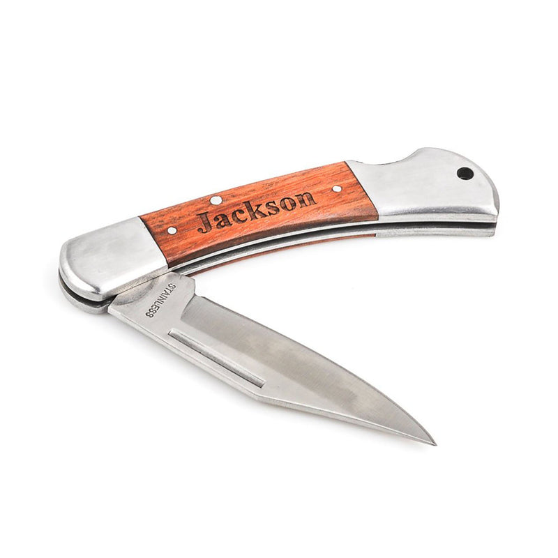 Personalized Pocket Knife, Custom laser engraved gift for bridesmaids, groomsmen, WOOD HANDLE, knf0007