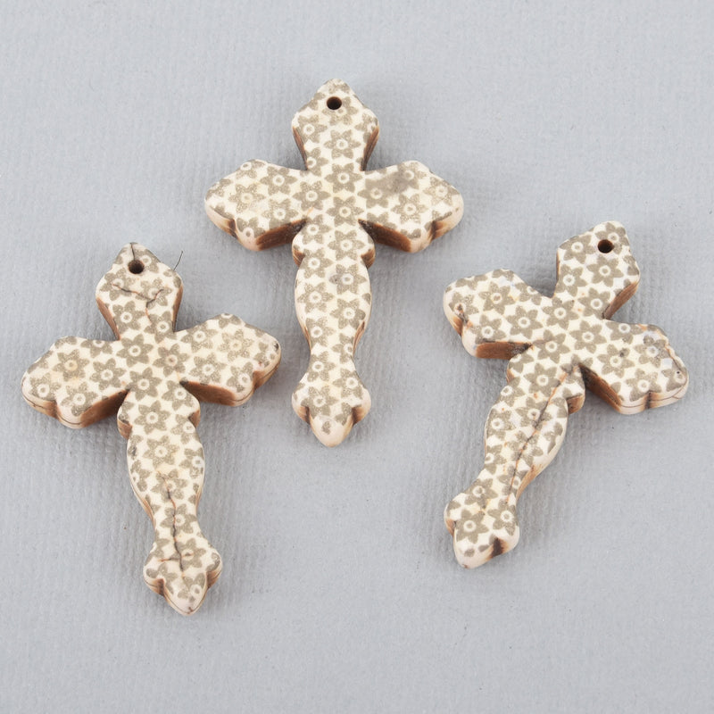 1 White Howlite Gothic Cross Pendant Beads, Laser Engraved, drilled front to back, 1-3/4" long las0001
