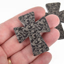 1 Laser Engraved BLACK Howlite Gothic Cross Pendant Beads, drilled top to bottom, 50mm x 40mm LAS0004