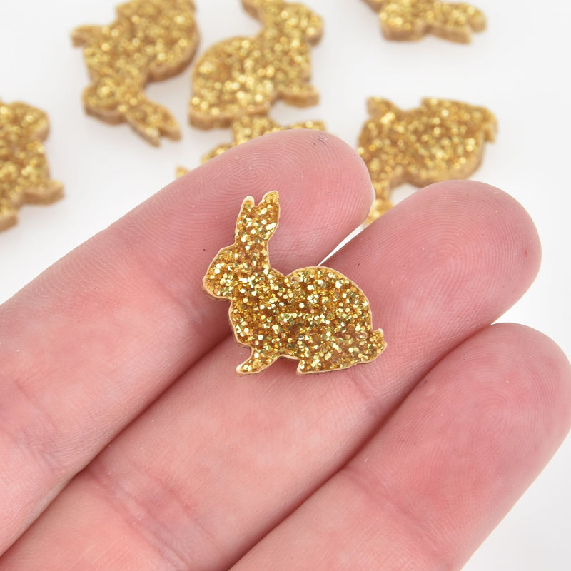 4 Laser Cut Gold Glitter Acrylic BUNNY RABBIT shapes, flat back caboch
