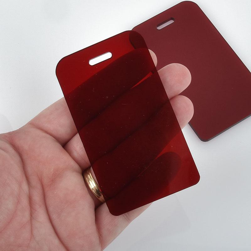 2 TRANSPARENT RED Acrylic LUGGAGE Tags Blanks, Laser Cut Acrylic shapes, 1/8" thick, for key chains, bag tags, 3.5" x 2" Lca0486