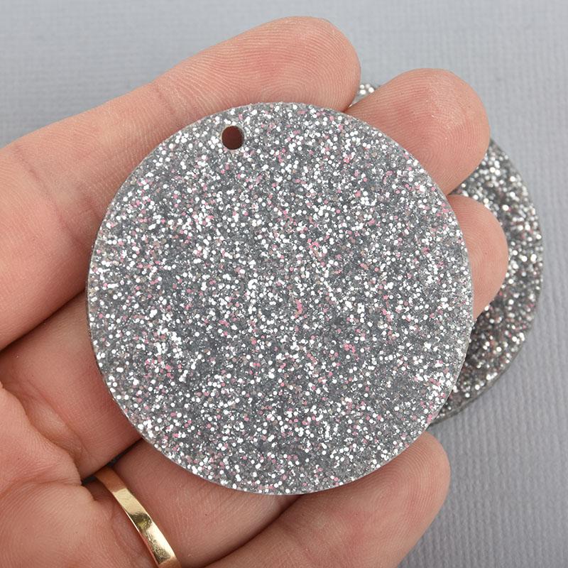 10 SILVER Glitter Circle Key chain Blanks 2" Laser Cut Acrylic Charms Disc Lca0536