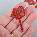 6 Cupcake Toppers Number 40 Birthday, RED Glitter Acrylic, Cupcake Picks, 2.25" long, Lca0567