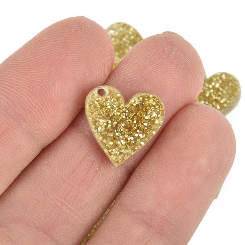 10 GOLD Glitter HEART Charms 5/8" Laser Cut Acrylic Blanks Lca0610a