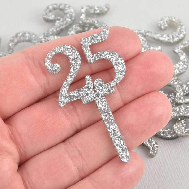 6 Cupcake Toppers Number 25 Birthday, Silver Glitter Acrylic, Cupcake Picks, 2.25" long, Lca0739
