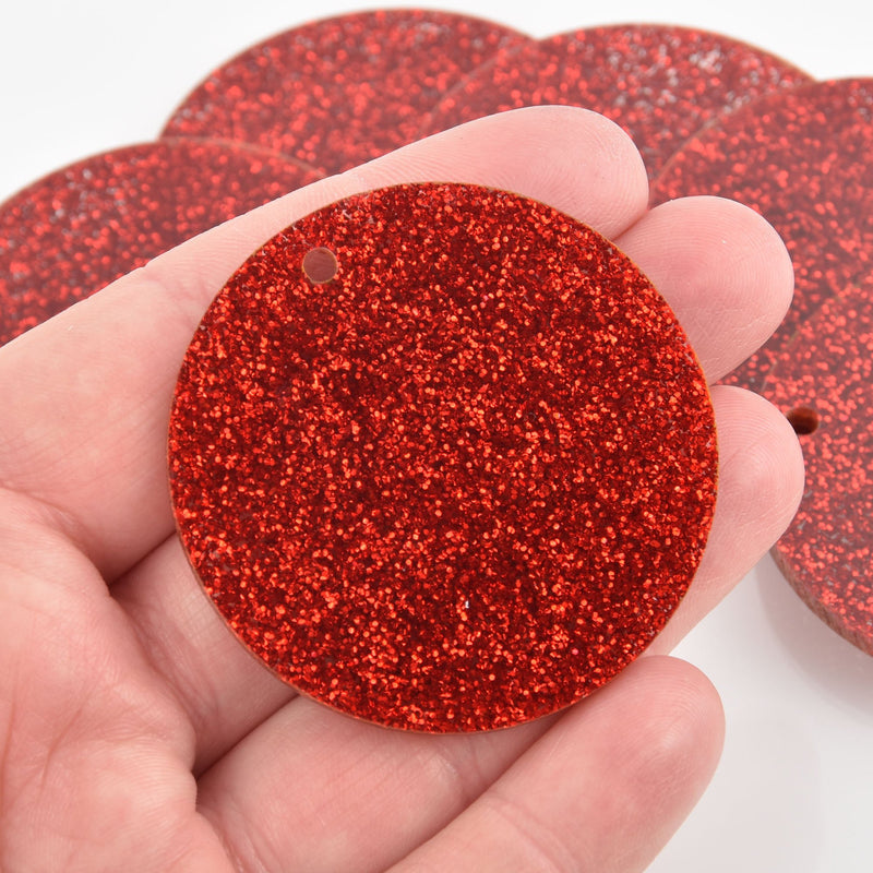 5 RED Glitter 2" Circle Keychain Blanks Laser Cut Acrylic Charms Disc LCA0744a