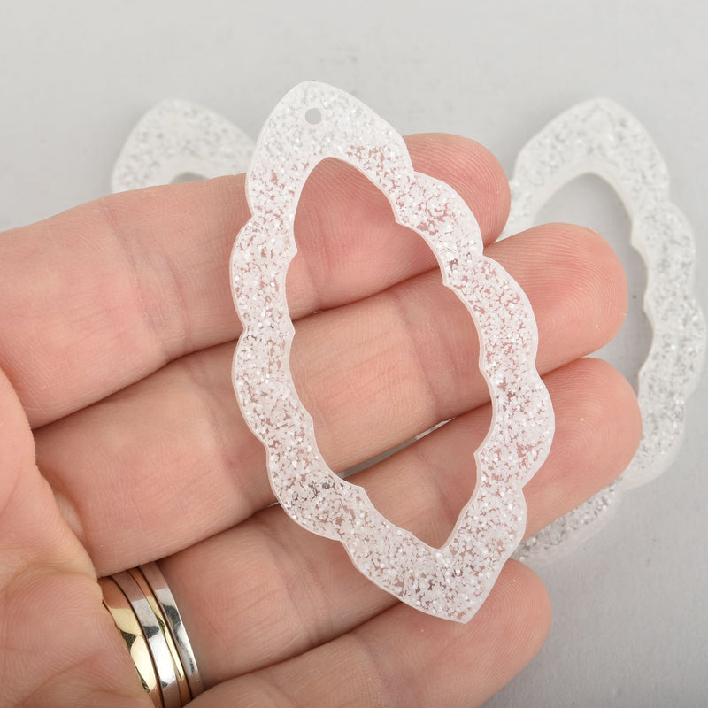 4 Acrylic Open Leaf Charms White Glitter Laser Cut 2.5" Lca0755a