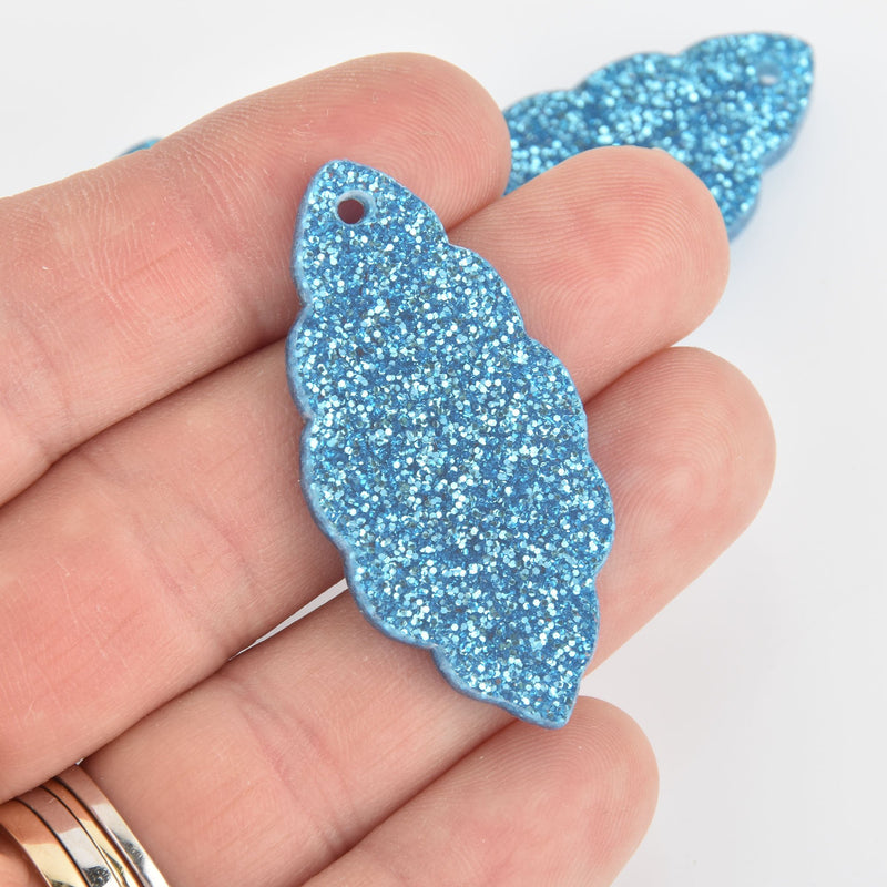 4 Acrylic Leaf Charms Turquoise Blue Glitter Laser Cut 1.75" Lca0756a