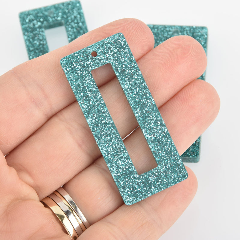 4 Acrylic Rectangle Charms Teal Blue Glitter Terrazzo 2" Lca0759a