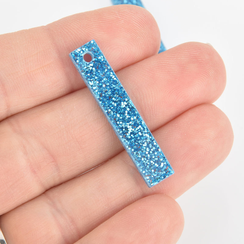 4 Acrylic Rectangle Stick Charms Turquoise Blue Glitter Terrazzo 1.5" Lca0760a
