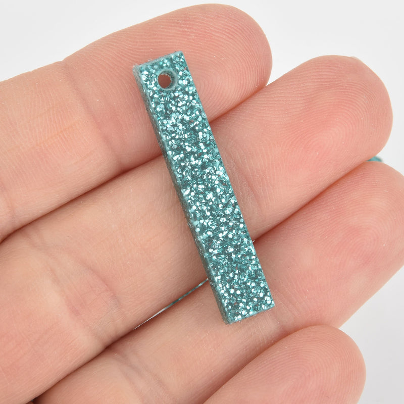 4 Acrylic Rectangle Stick Charms Teal Blue Glitter Terrazzo 1.5" Lca0761a