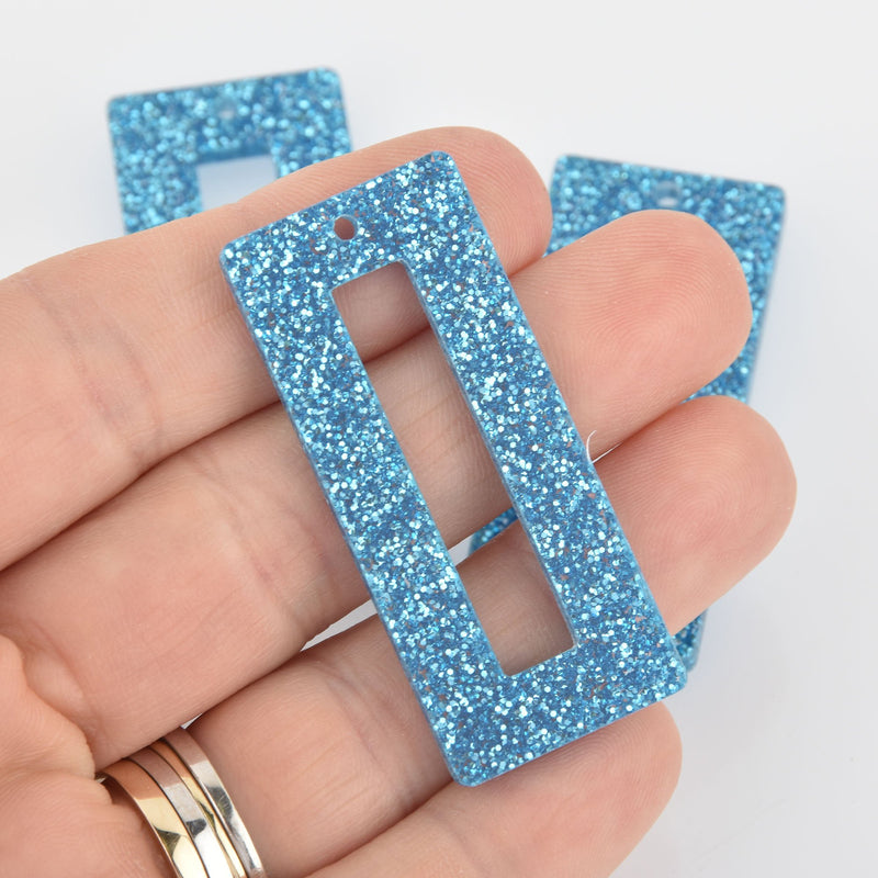 4 Acrylic Rectangle Charms Turquoise Blue Glitter Terrazzo 2" Lca0762a