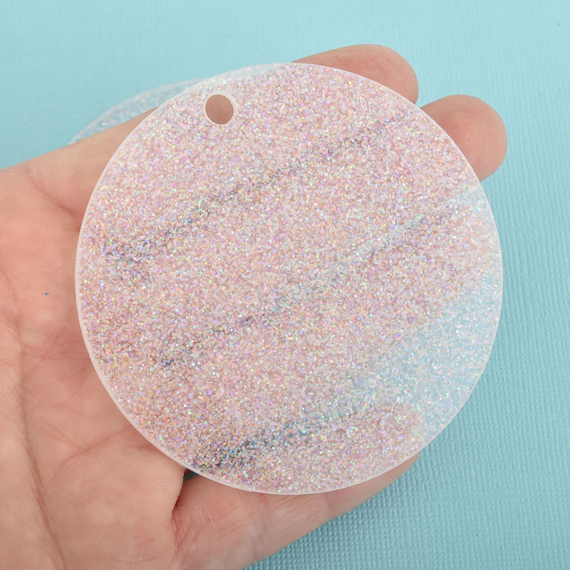 2 IRIDESCENT White Glitter 3" Circle Charm Blanks Laser Cut Acrylic Charms Disc Lca0791a
